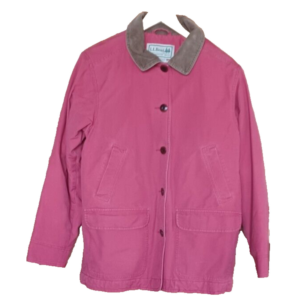 LL BEAN Womens Insulated Chore Coat Size Large Petite Red with Tan Corduroy Cuff